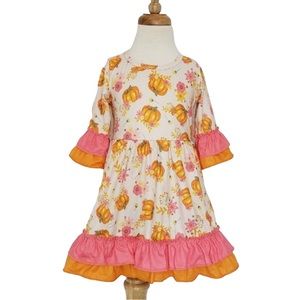 Pink and orange Pumpkin Floral Double Ruffles Girls Dress